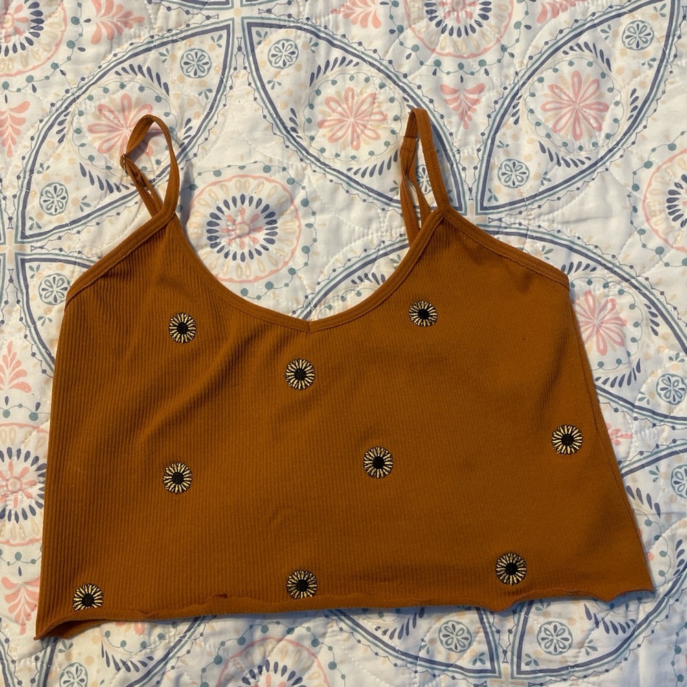 Jolie & Joy Daisy-Embroidered Ribbed Crop Camisole - Rusty Orange